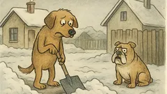 Joks: Suns pie mājas tīra sniegu ar lāpstu