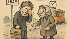 Anekdots: Stāv students tramvaja pieturā un raud